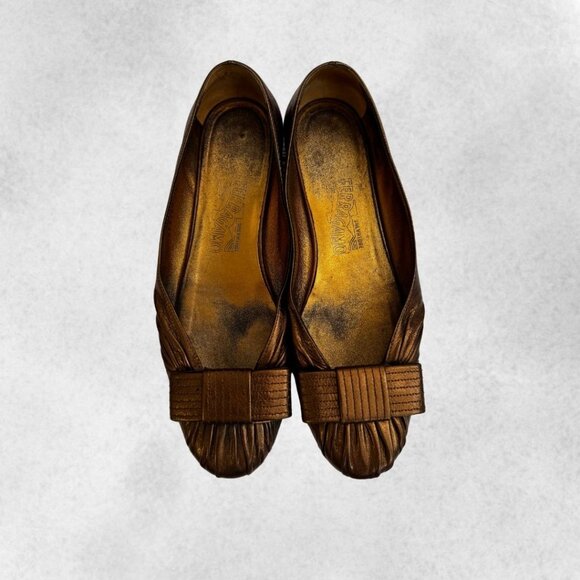 Pleated Bronze Salvatore Ferragamo Flats with Bow - Picture 4 of 8